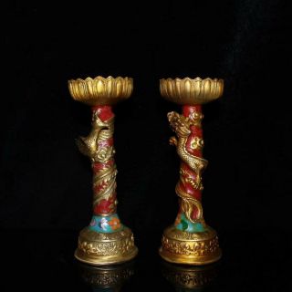 Chinese Cloisonne Candleholder Carved Dragon And Phoenix Brass Candlestick P030