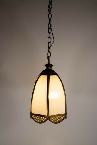 Vintage Art Deco Milk Glass & Brass Hanging Pendant Light Fixture Mcm Gothic