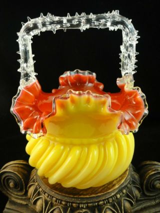 1891 Antique Bohemian Victorian Harrach Cased Yellow & Tomato Art Glass Basket