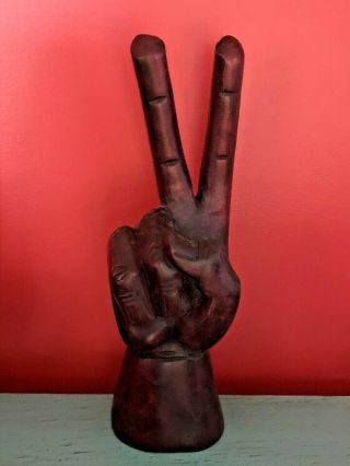 Vintage Carved Wood Hand Peace Sign Fingers Hippy 70 
