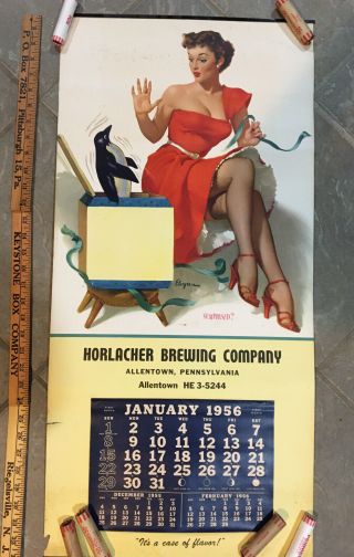 Vintage 1957 ‘elvgren’ Horlacher Beer Allentown Pa Pinup Girl Calendar Full Pad