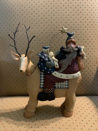 Rare Retired Williraye Studio Folk Art Santa On Reindeer W/puppies Ww2270