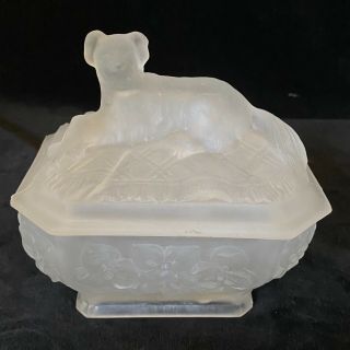 Rare Frosted Glass Vallerysthal Style Dog On Steamer Rug Covered Dish C.  1950s