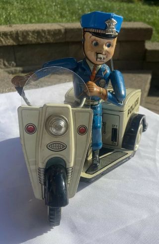 Vintage Nomura Tin Police Patrol Battery Operated Auto - Tricycle Made In Japan