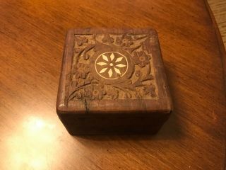India Vintage Small Square Wooden Box Jewelry Trinket Hand Carved Wood 4”x4” Gg