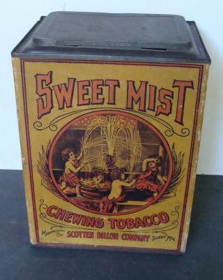 Antique Litho On Paper On Tin Sweet Mist Chewing Tobacco Lidded Store Tin