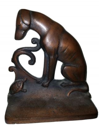 Antique Art Deco Dog &turtle Greyhound Whippet Bronze Bookends Brass Tone