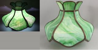 19thc Antique Victorian Brass & Green Slag Glass,  Kerosene Lamp Shade Nr