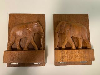 Antique Hand Carved Wooden Elephant Book Ends