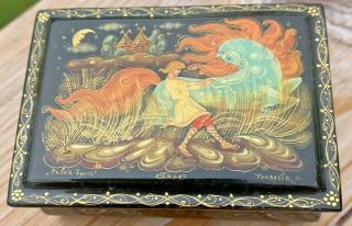 Vtg Hand Painted And Signed Russian Lacquer Trinket Box Red Interior Boy & Horse