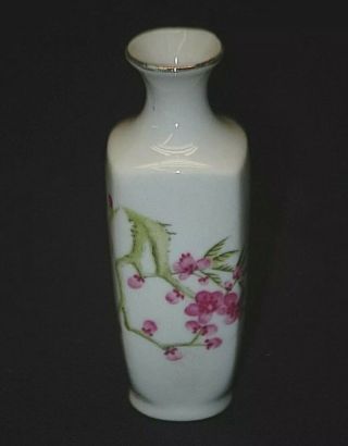 Old Vintage White Vase W Pink Cherry Blossom Design And Gold Trim Shadow Box.
