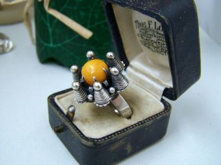 Vintage Modernist Solid Sterling Silver Butterscotch Amber Ring Size R 8.  5 Rare