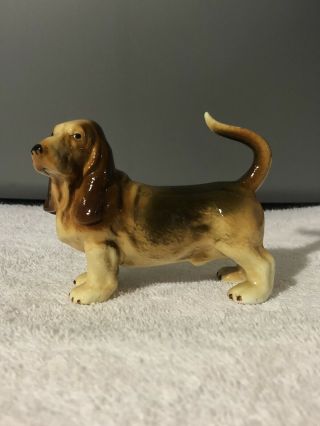 Vintage Bassett Hound Dog Figurine Ceramic Hand Painted Puppy Brown Black