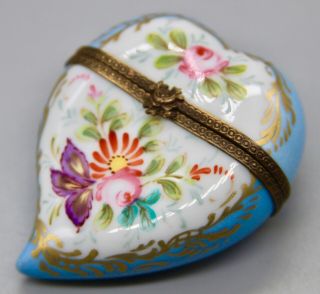Vtg Hand Painted Limoges Robin Egg Blue Floral Roses Heart Shaped Trinket Box 2