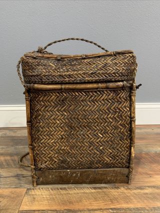 Vintage Philippine Ifugao Hand Woven Backpack Basket With Lid Straps