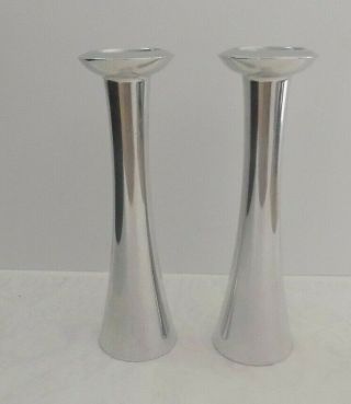 Pair Nambe Vintage Candle Holders Modernist Chrome Over Alloy 8 3/8 " High