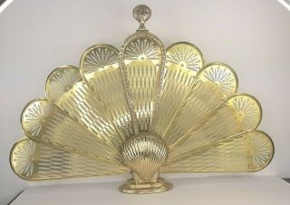Vintage Brass Peacock Folding Fan Fireplace Screen Sea Shell Clam Victorian Ec