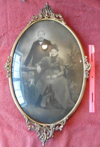 Antique Oval Frame Brass Metal Vintage Convex Bubble Glass Victorian Man & Woman