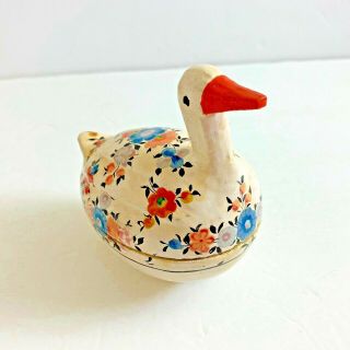 Vintage Hand Painted /made India Paper Mache Duck Trinket Box Flowers