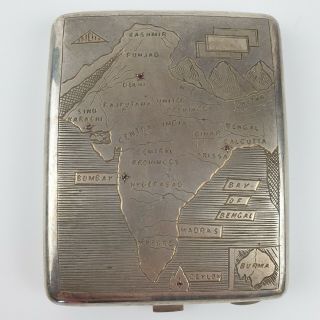 Vintage Indian Sterling Silver Cigarette Case Map,  Taj Mahal Inset With Rubies