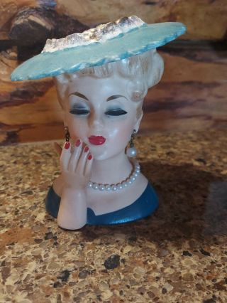 Vintage Napco Lady With Pearls C3307 Teal Green Head Vase Made In Japan