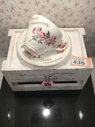 Argyle Bone China Happy Wedding Anniversary Pink Roses Tea Cup & Saucer Duo