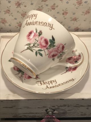 ARGYLE BONE CHINA happy Wedding anniversary Pink Roses Tea cup & saucer Duo 2