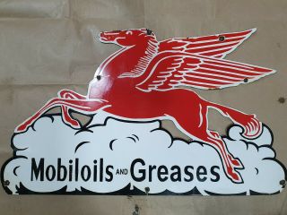 Pegasus Mobil Oil & Greases Vintage Porcelain Sign 36 X 21 Inches
