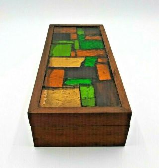 Vtg Georges Briard Mid Century Modern Wooden Stained Glass Inlay Box W Lid