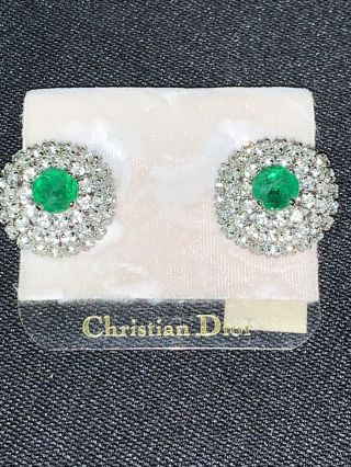 Gorgeous Vintage Christian Dior Emerald Look & Rhinestones Clip Earrings On Card