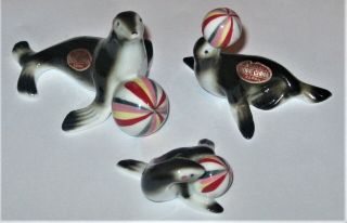 Vintage Japan Bradley Bone China Miniature Seal Figurine Set 3 Seals Ball