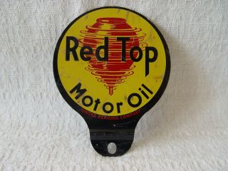 Vintage Red Top Motor Oil Stamped Metal Advertising License Plate Topper