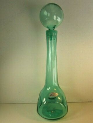 Vtg Blenko Glass Sea Green 4 Dimpled Tall Bottle With Big Ball Shaped Stopper