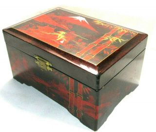 Vtg Japanese Musical Jewelry Box Lacquered Hand - Painted Wood Box Hinged Lid