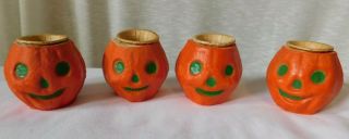 4 Vintage German Paper Mache Halloween Jack O Lantern Nut Cups With Liners