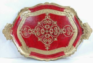 Antique Italian Florentine Wooden Tole Tray Red & Gold Platter Toleware 18 " X11.  5