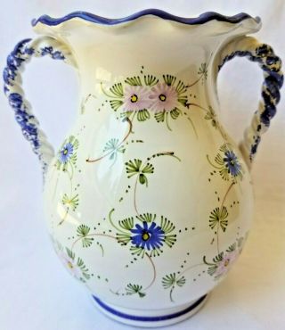 Castelli Italy Vase Signed L.  Pardi Faience Majolica Ruffle Top Flowers Vintage