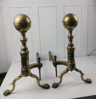 Vintage Substantial Heavy Fireplace Andirons Ball And Claw Brass Metal