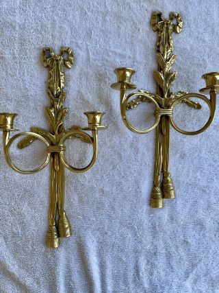 Vintage Mcm Heavy Brass 2 Arm Wall Sconce Candle Holders Tassel 15” Tall