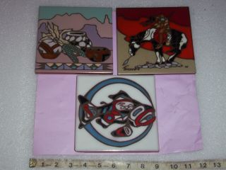 3 Hand Crafted Wall Decor Ceramic Tile Painted Images.  1 Marked Cleo Teissedre