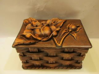 Vintage Carved Wood Rose And Basket Cigar Box