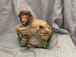 Fitz And Floyd Exotic Jungle Lion Lidded Box With Inset Clock