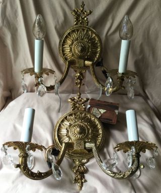 2 Vintage Sconces Gilt Bronze Brass Crystal Lamp Lighting Fixture French Rococo