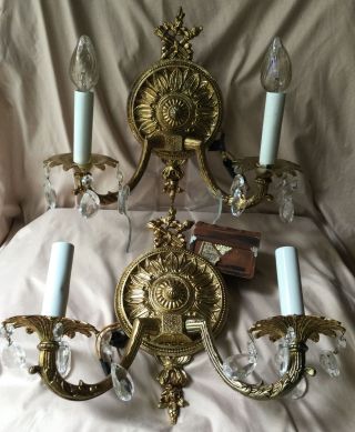 2 Vintage Sconces Gilt Bronze Brass Crystal lamp Lighting fixture French Rococo 2