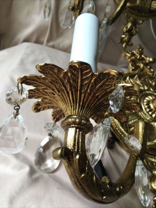 2 Vintage Sconces Gilt Bronze Brass Crystal lamp Lighting fixture French Rococo 5