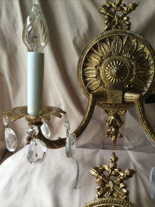 2 Vintage Sconces Gilt Bronze Brass Crystal lamp Lighting fixture French Rococo 6