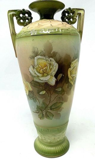 Antique R H Royal Wettina Austria Porcelain Urn Vase Hand Painted Yellow Roses