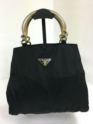 Authentic Vintage Prada Black Nylon Leather Gold Handle Tessuto Hobo Hand Bag