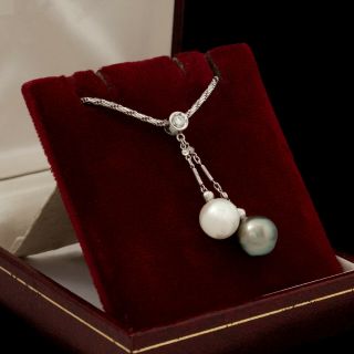 Antique Vintage Deco Mid Century Style 14k Gold Tahitian Pearl Diamond Necklace