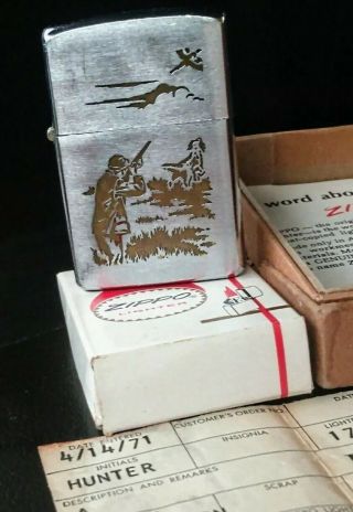Rare Vintage Pat Pending 1962 Zippo Lighter Duck Hunter W/ Box & Paperwork